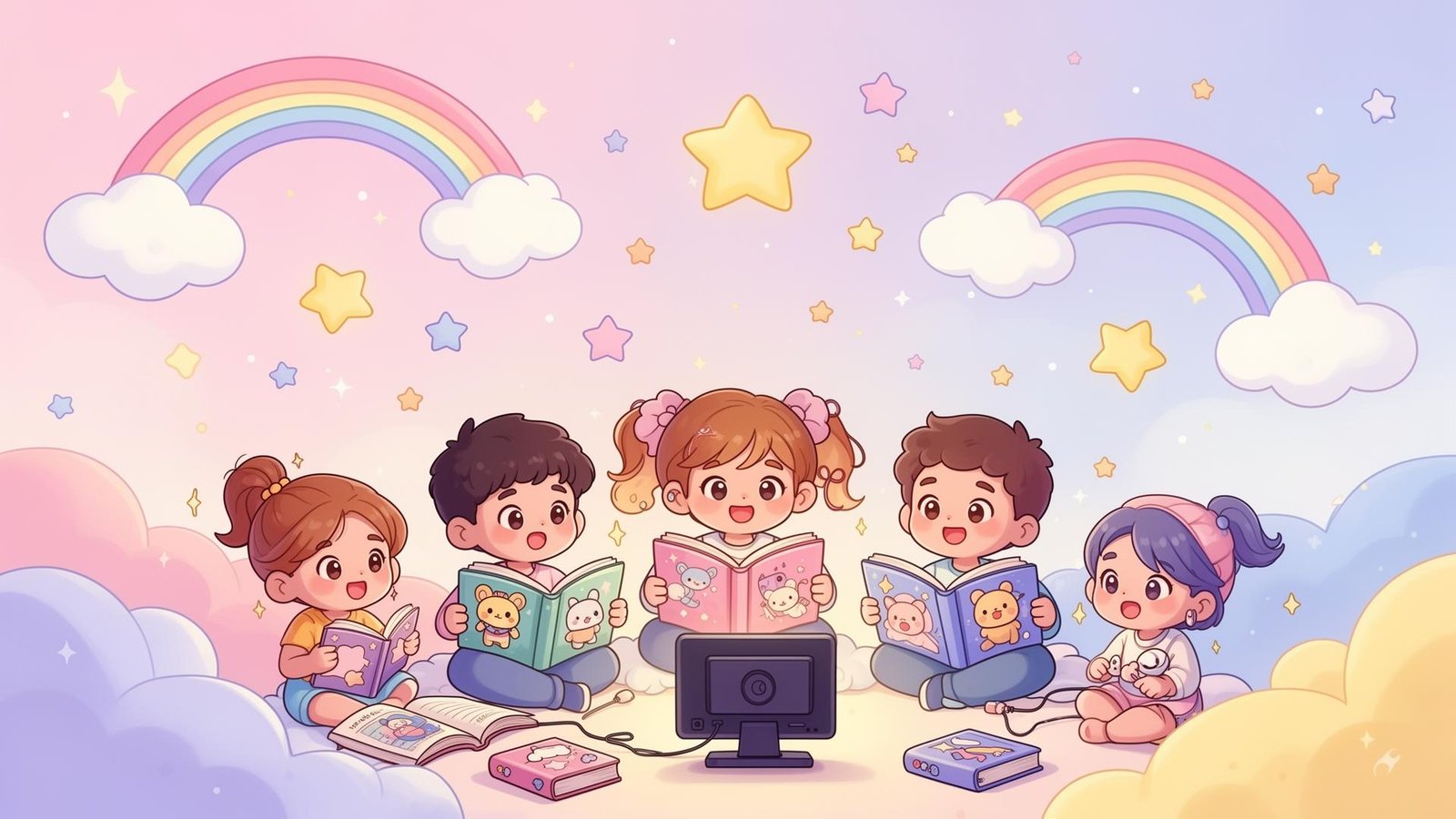 Happy children reading books and watching cartoons together in a magical world